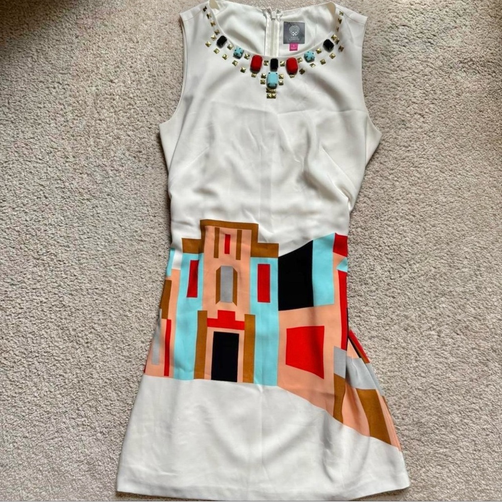 Vince Camuto white villa print beaded shift mini dress size 4